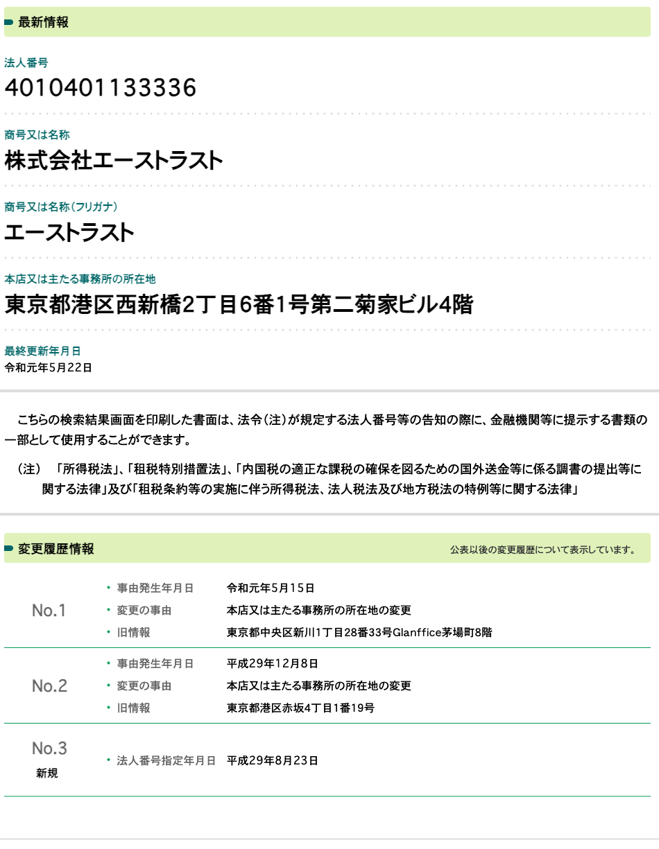 国税庁法人番号公表サイトの登記情報（株式会社エーストラスト）