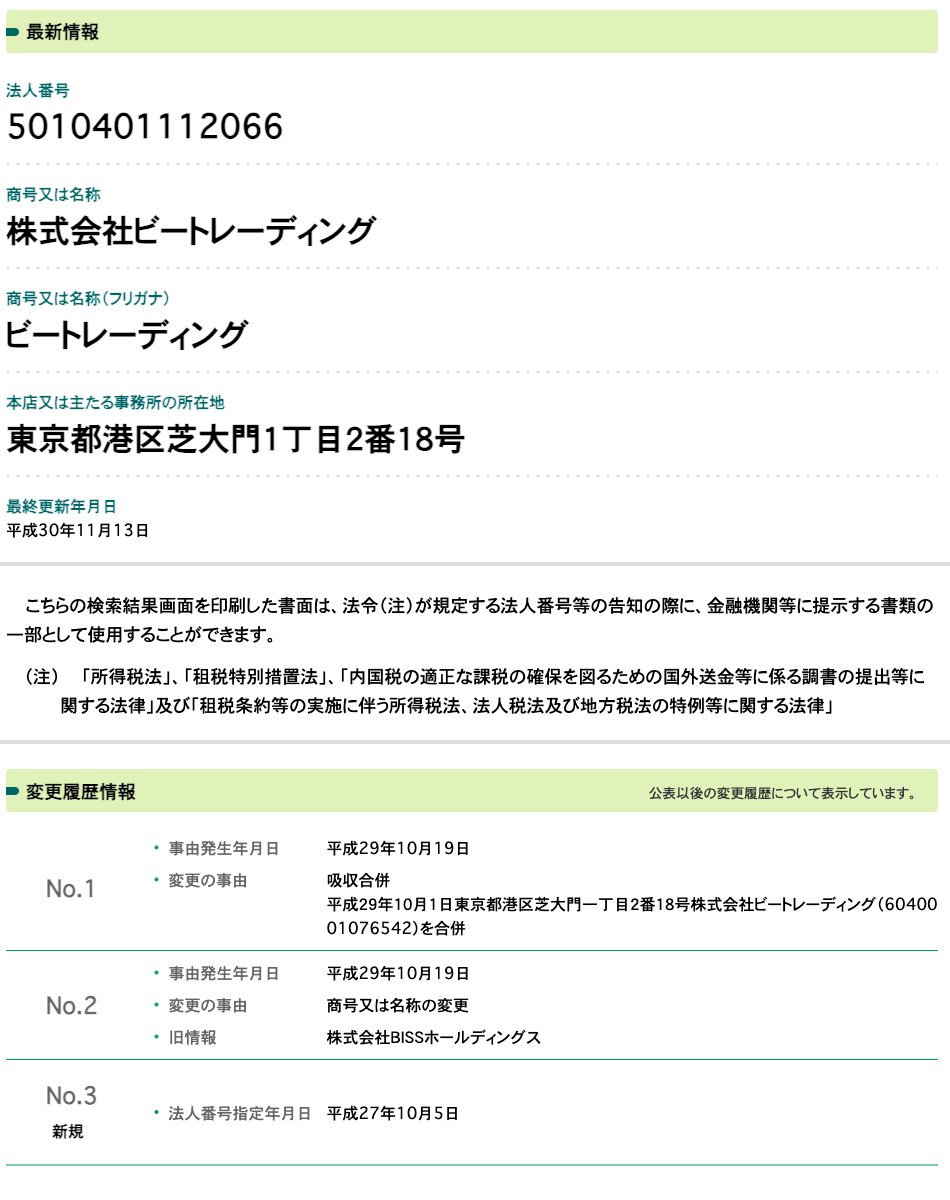 国税庁法人番号公表サイトの登記情報（株式会社ビートレーディング）